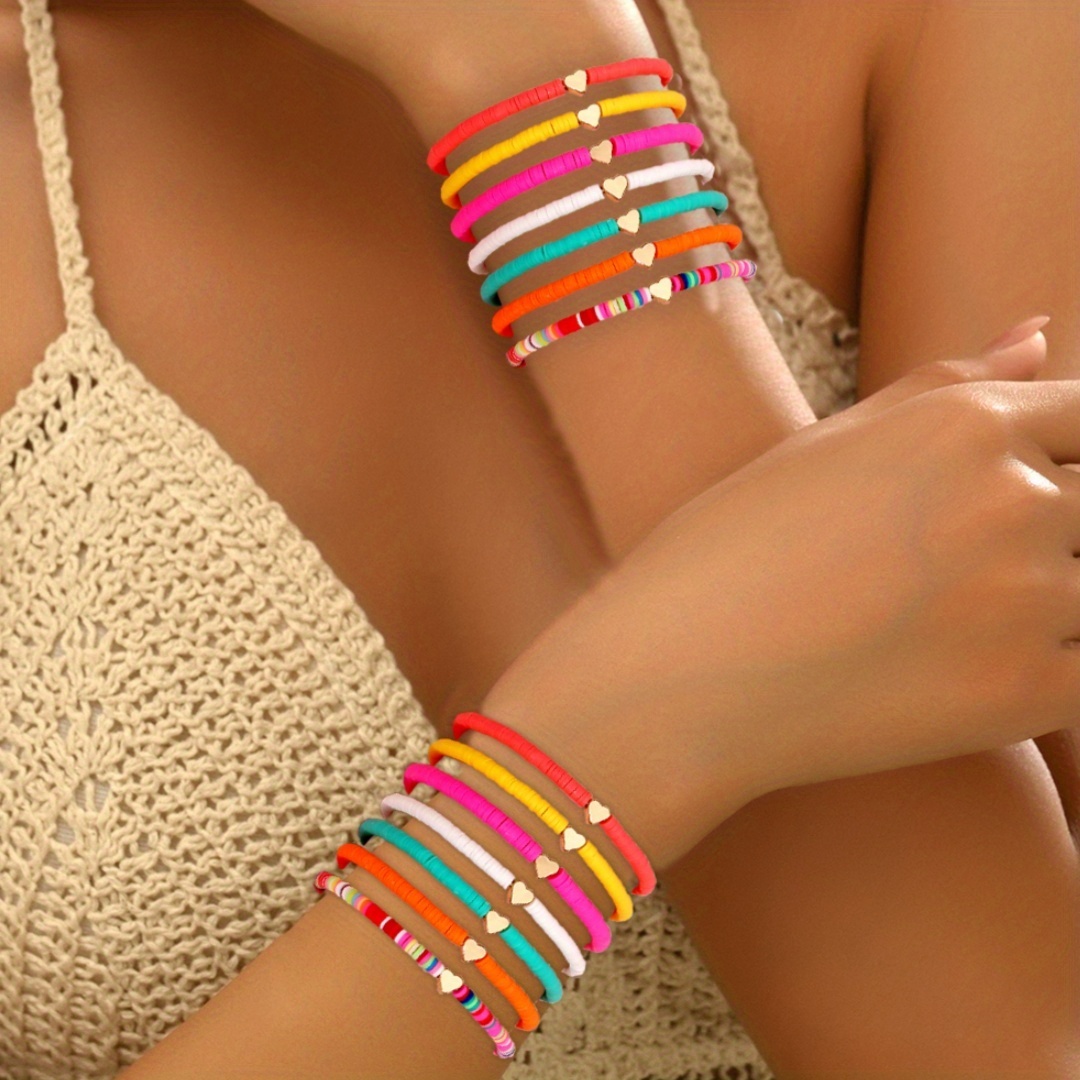 14pcs Women's Bohemian Rainbow Soft Clay CCB Bracelet Set